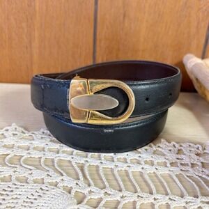 Vintage Black Leather Belt Gold Tone D Ring Buckle Made in Italy Heritage Old